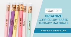 Curriculum-based therapy takes some upfront work to get it going, including a plan for organizing therapy materials. This blog post provides a brief description of how I organize curriculum-based therapy materials, including both organization and storage tools and speech therapy materials. Click through to read the tips!