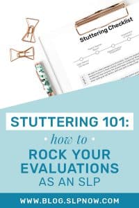 Getting started with a stuttering evaluation can be a challenge. SLPs don’t tend to learn a lot about it in school, so it can be hard to know where to start in speech therapy. This blog post dives into giving an effective stuttering assessment with lots of resources for SLPs to assess students with ease. Click through to read all of the steps and suggestions!